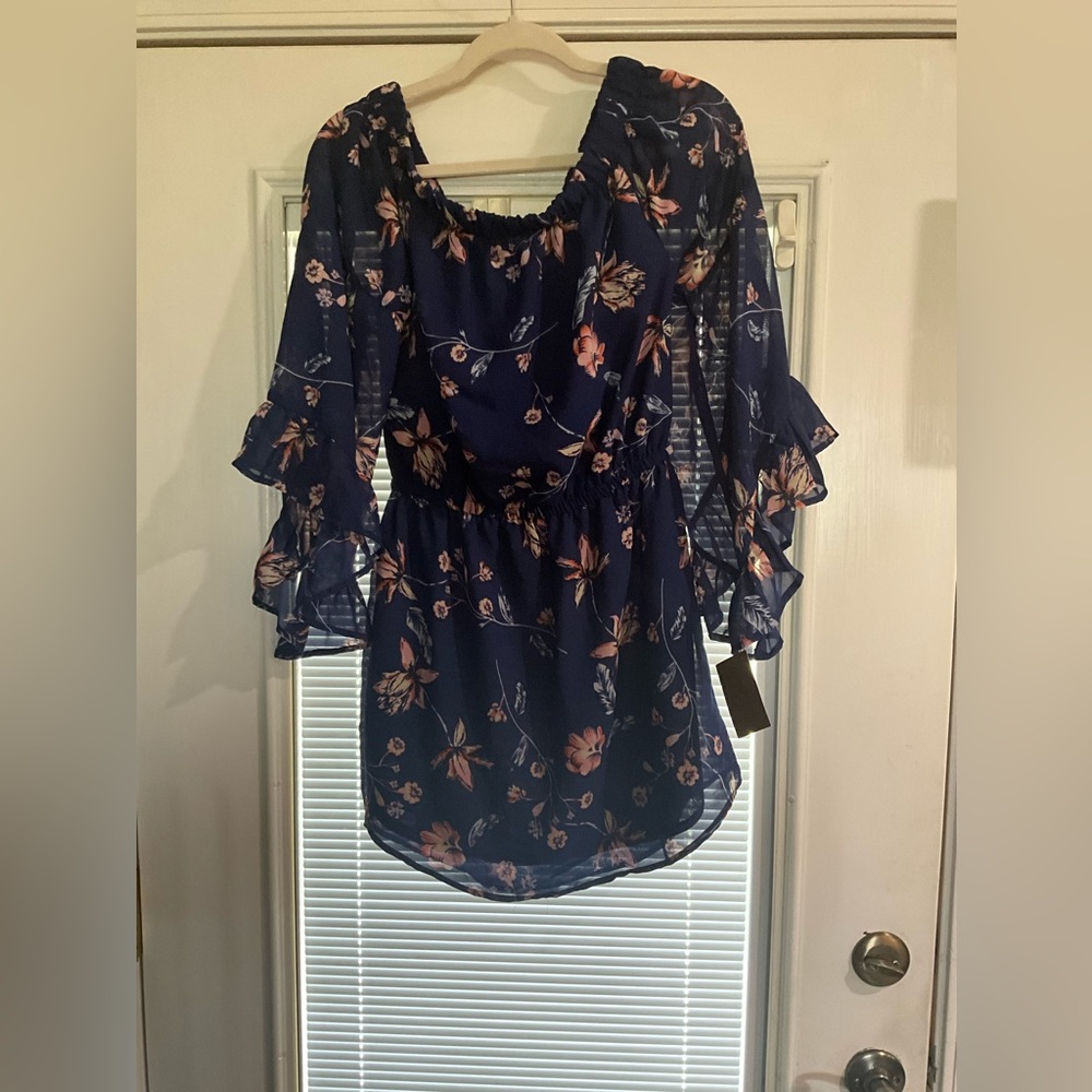 Blush Navy Floral Blouse with Ruffle Sleeves